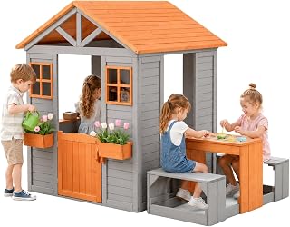 Wooden Outdoor Playhouse with Play Kitchen, Half Door and Windows - Brown / Gray