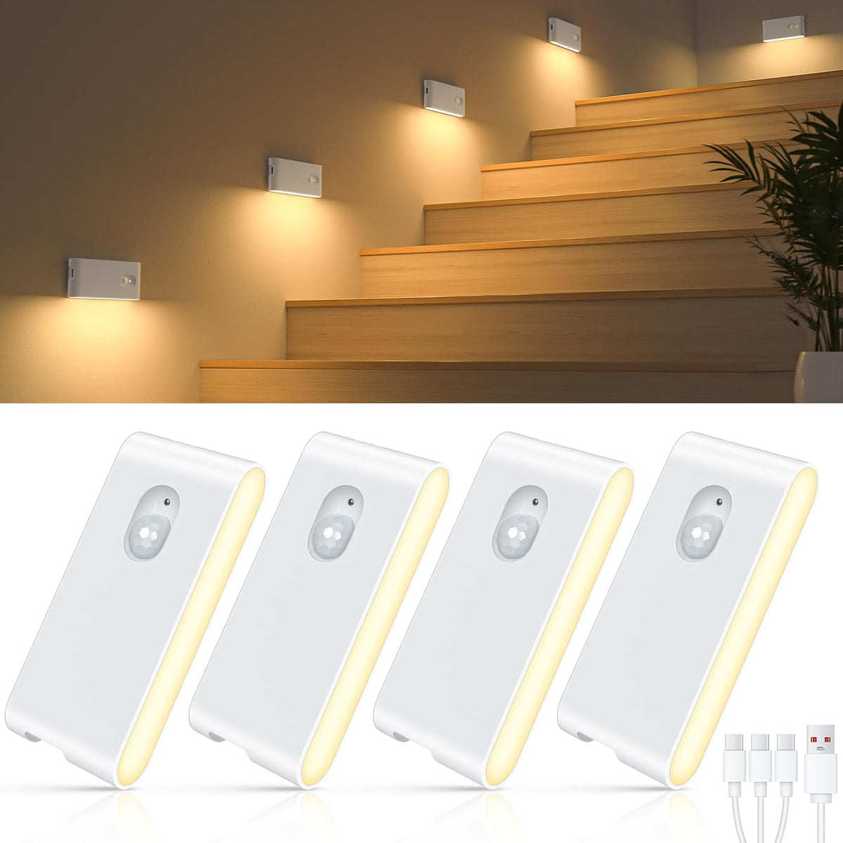 Motion sensor stair light glowing warm white on a stairway riser at night