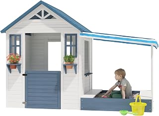 Wooden Outdoor Playhouse with Sandbox - Blue / White