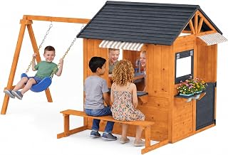 Wooden Outdoor Playhouse with Play Kitchen and Swing