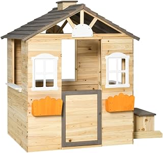 Wooden Outdoor Playhouse with Bench, Windows and Door