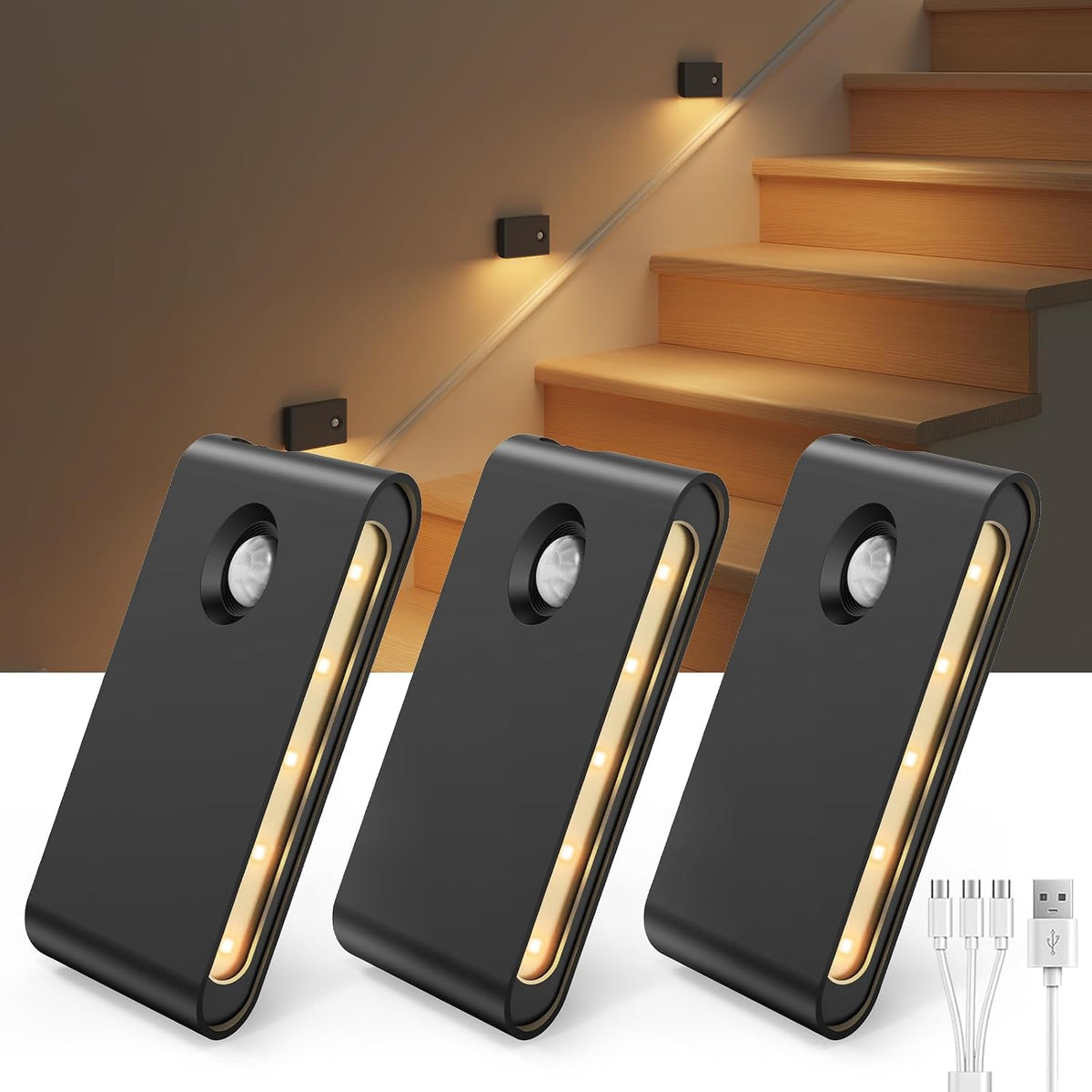 Rechargeable motion sensor night lights mounted along a staircase casting soft white light
