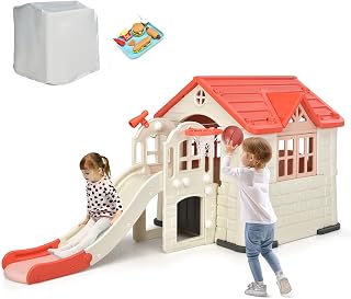 Kids Climber and Activity Playset with Slide, Picnic Table and Windows - Pink