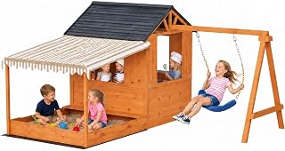 Wooden Outdoor Playhouse with Play Kitchen and Swing