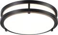 Flush mount LED ceiling light with brushed nickel trim glowing in a modern hallway