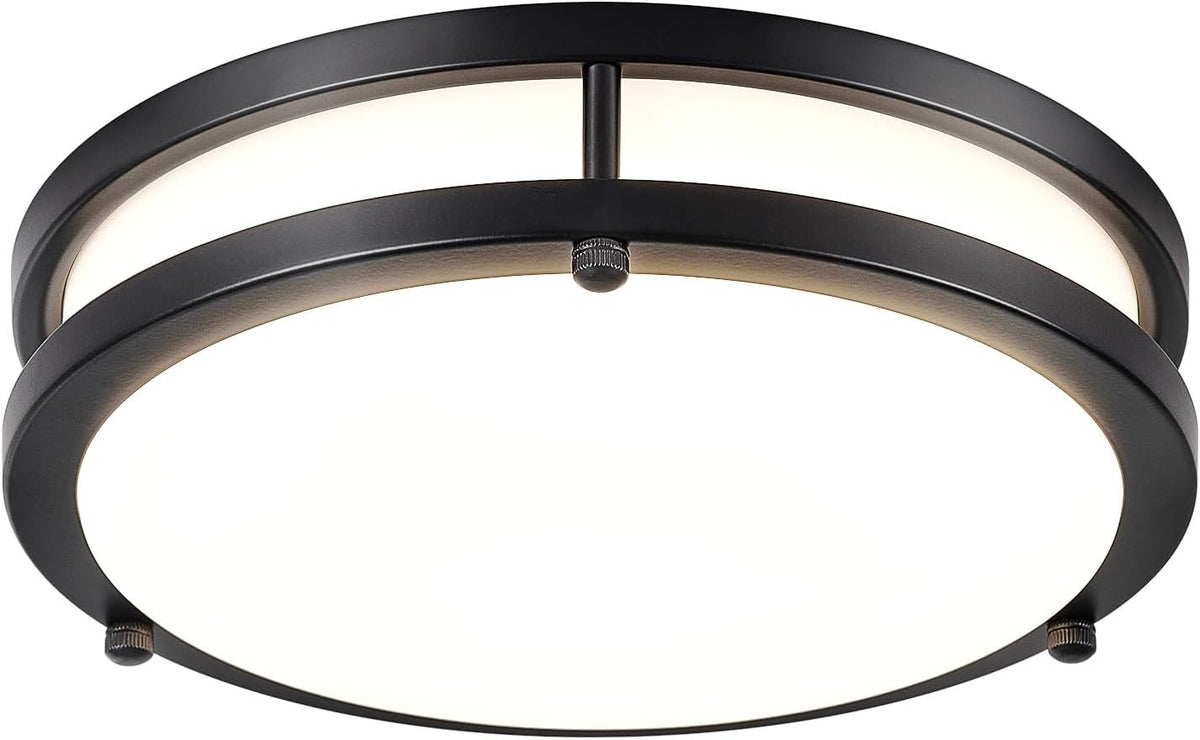 Flush mount LED ceiling light with brushed nickel trim glowing in a modern hallway
