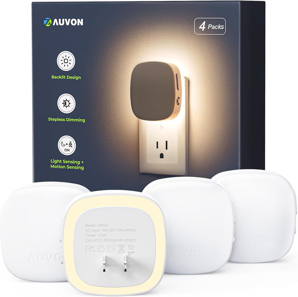 Plug in LED night light with motion sensor glowing softly in a dark hallway outlet