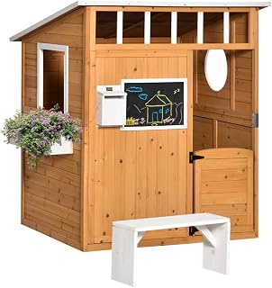 Wooden Outdoor Playhouse with Bench and Door