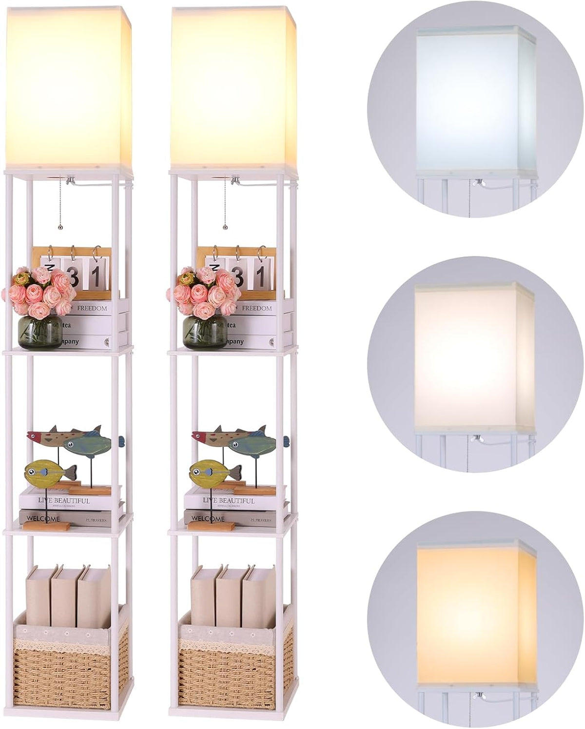 Modern floor lamp with shelves standing in a living room corner holding books and plants