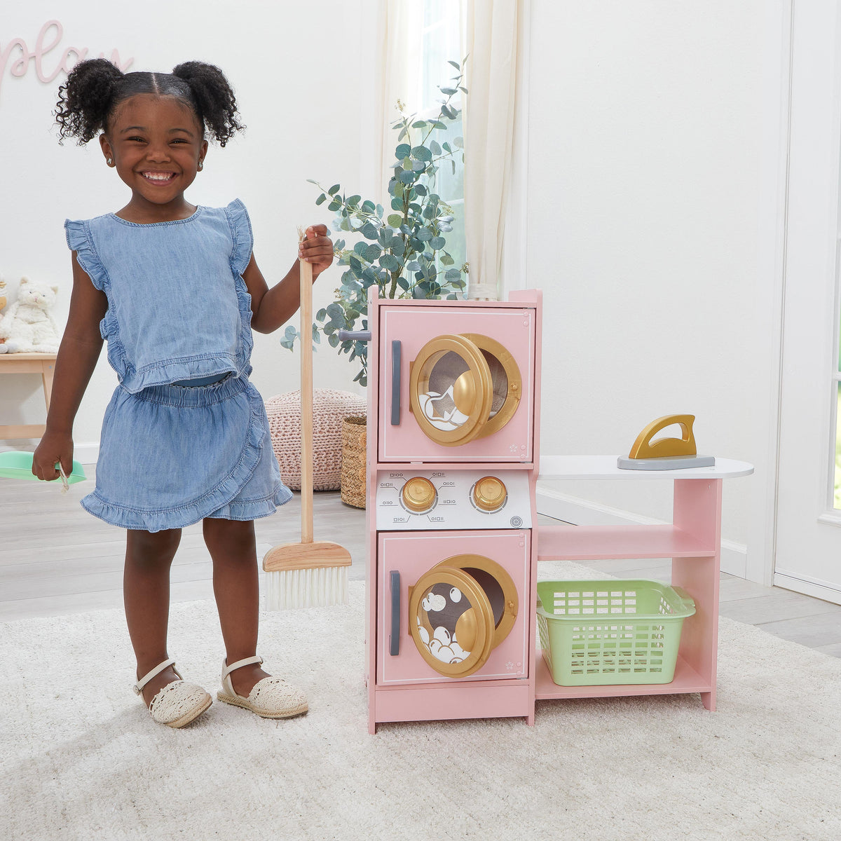 Kids Pretend Laundry Play Set with Storage - Pink / Gold