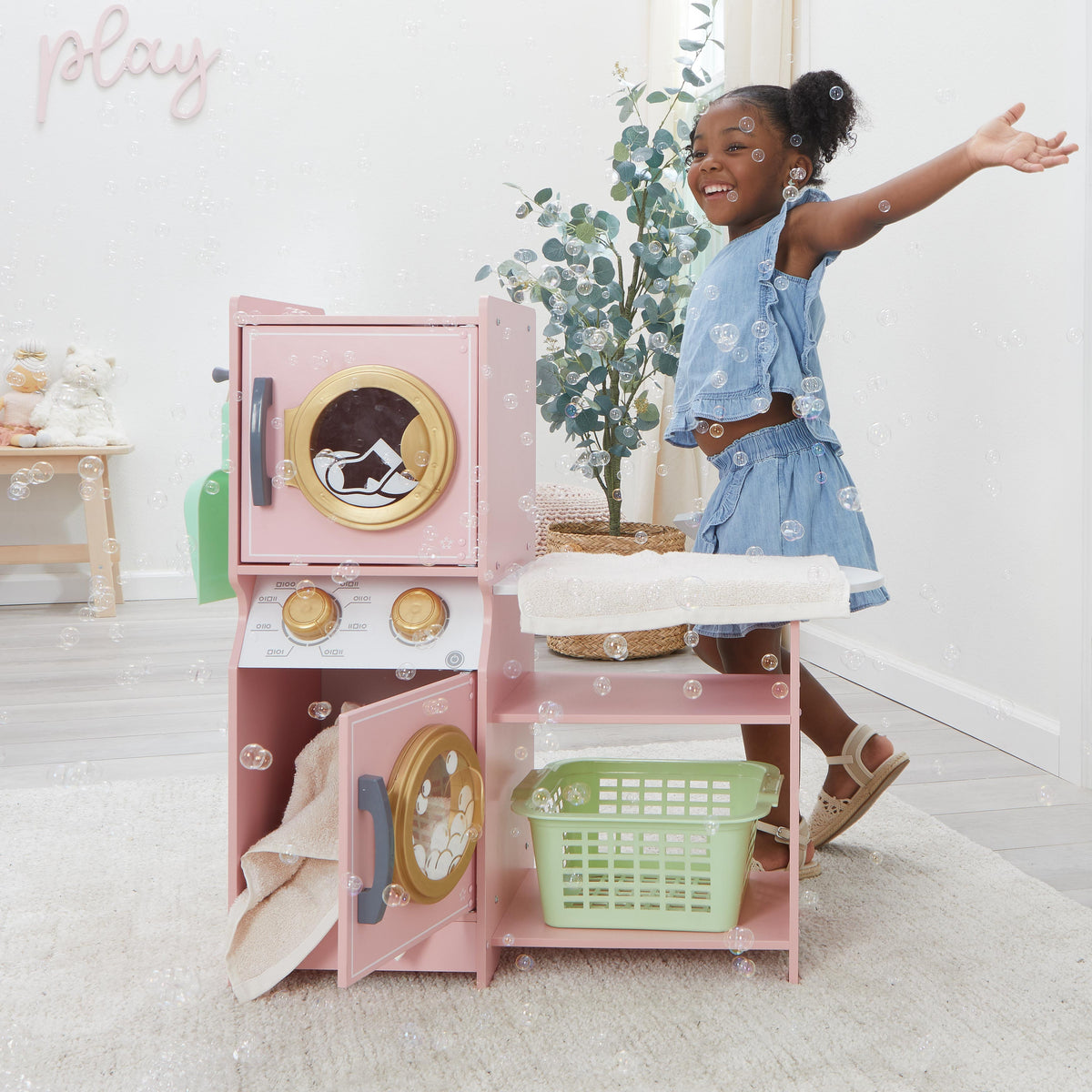 Kids Pretend Laundry Play Set with Storage - Pink / Gold