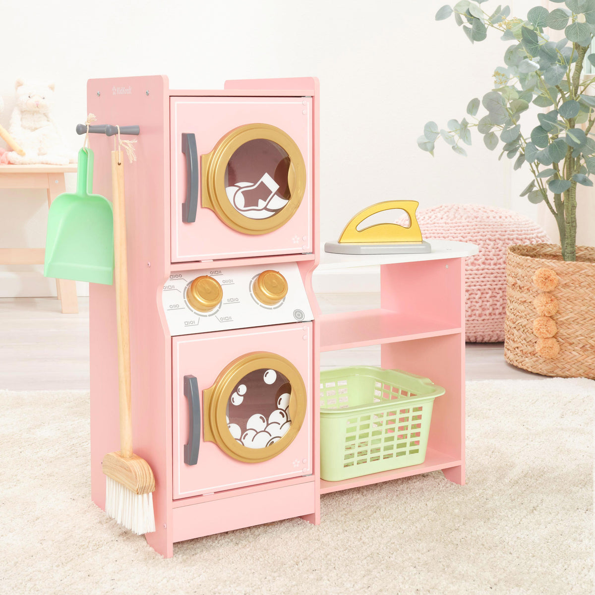 Kids Pretend Laundry Play Set with Storage - Pink / Gold