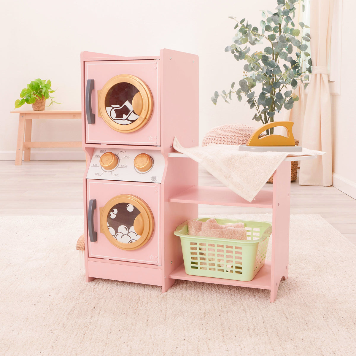 Kids Pretend Laundry Play Set with Storage - Pink / Gold