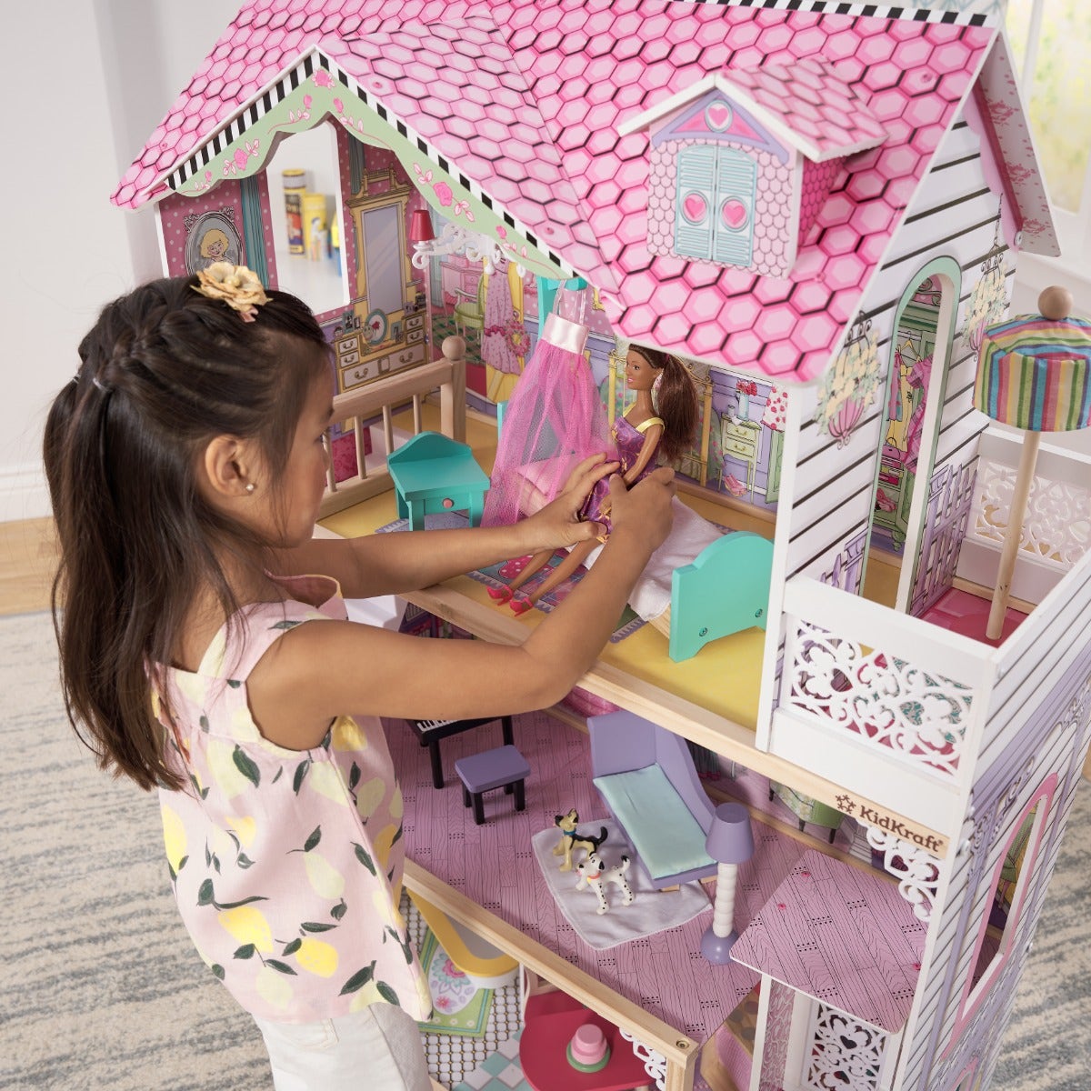 Wooden Dollhouse with Elevator and Canopy
