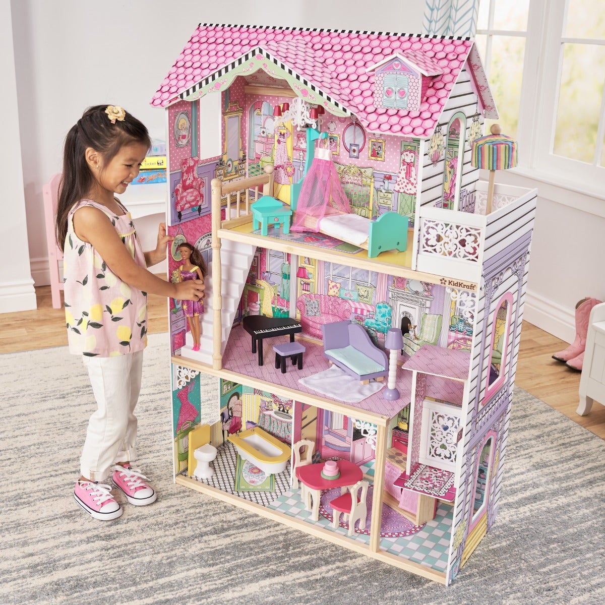 Wooden Dollhouse with Elevator and Canopy