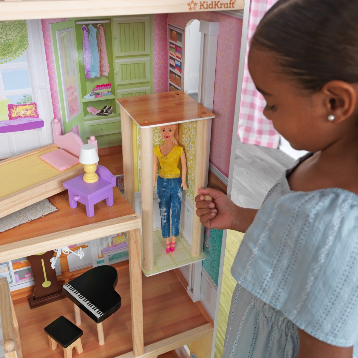 Wooden Dollhouse with Elevator