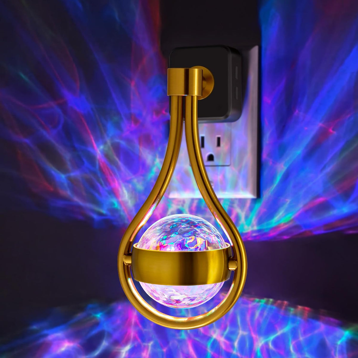 Plug in projector night light casting a soft white glow across a dark bedroom wall