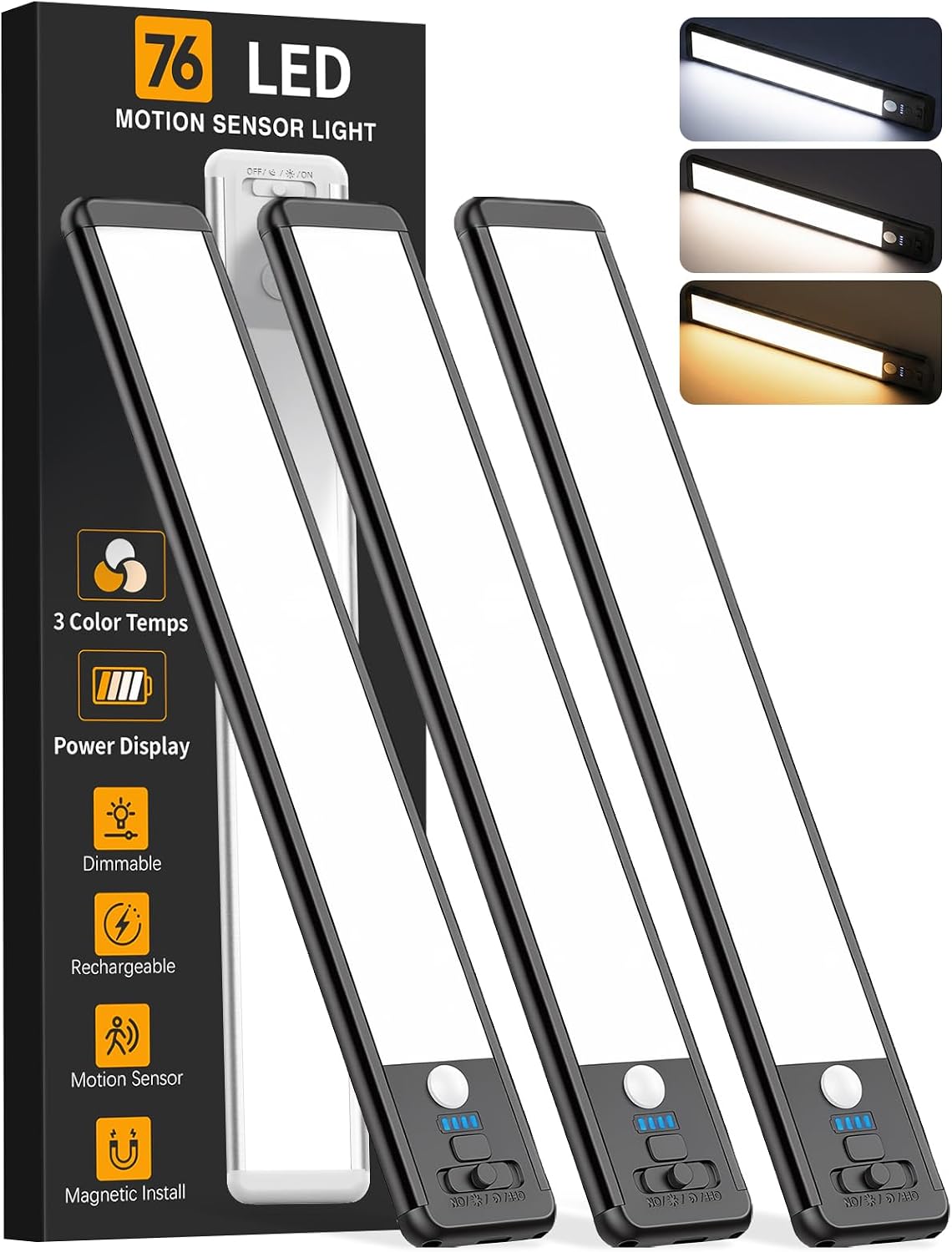 Wireless under cabinet lighting bars lighting a kitchen shelf with battery level display