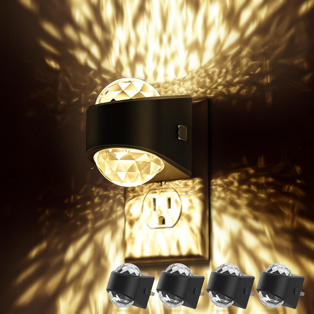 Plug in projector night light casting a soft white glow across a dark bedroom wall