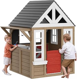 Cedar Wooden Outdoor Playhouse with Toy Sink, Flower Boxes and Windows