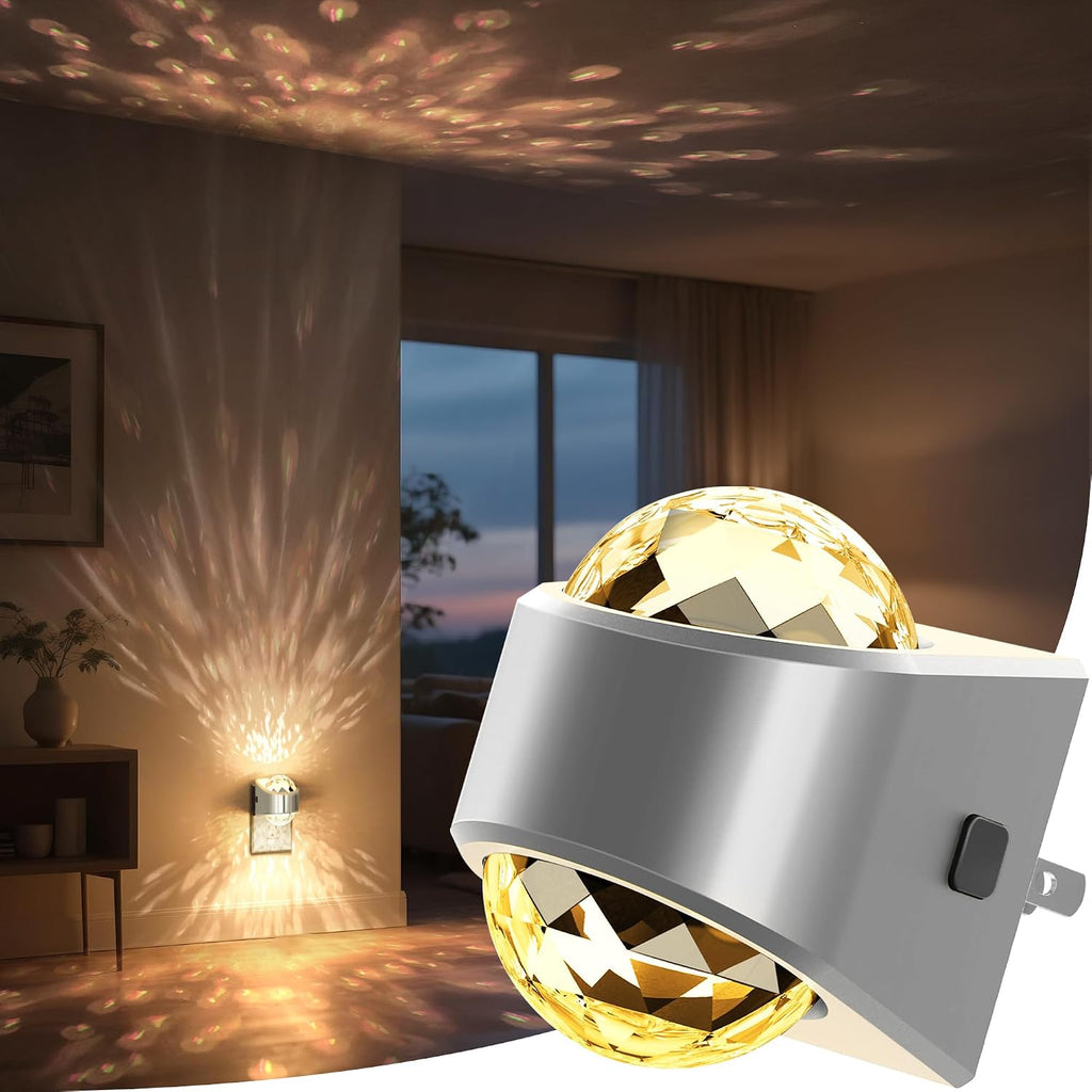 Plug in projector night light casting a soft white glow across a dark bedroom wall