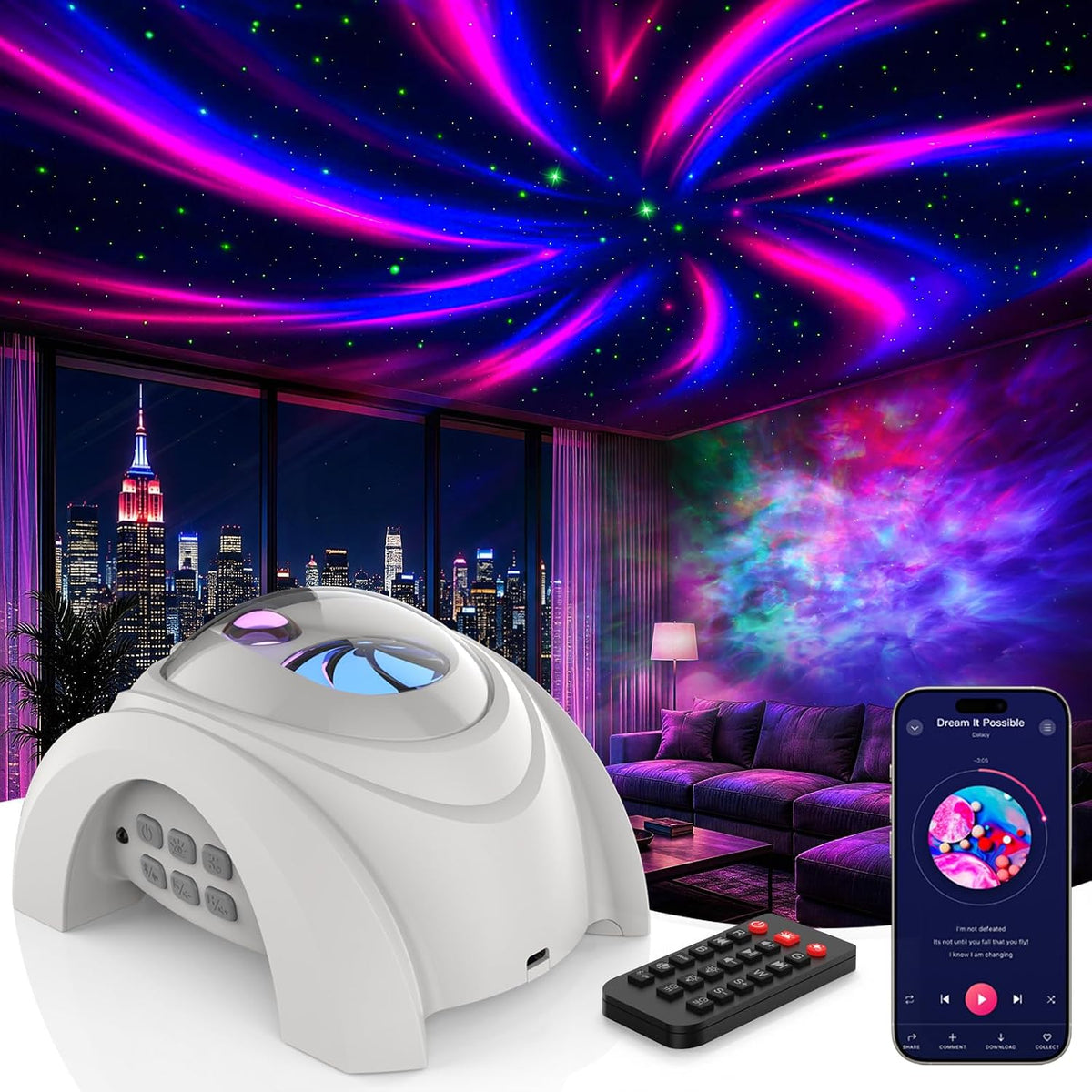 Dual lens star projector aurora night light glowing over a bed with blue and pink light