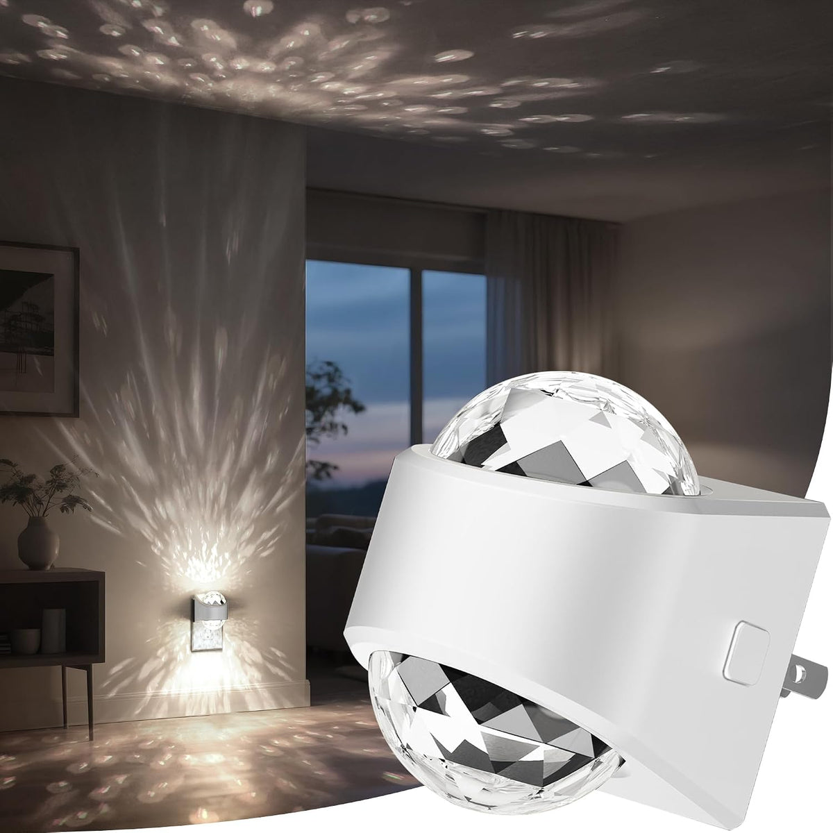 Plug in projector night light casting a soft white glow across a dark bedroom wall