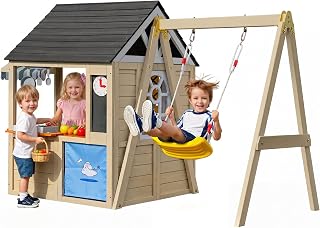 Cedar Wooden Outdoor Playhouse with Swing, Pet Door and Door - White