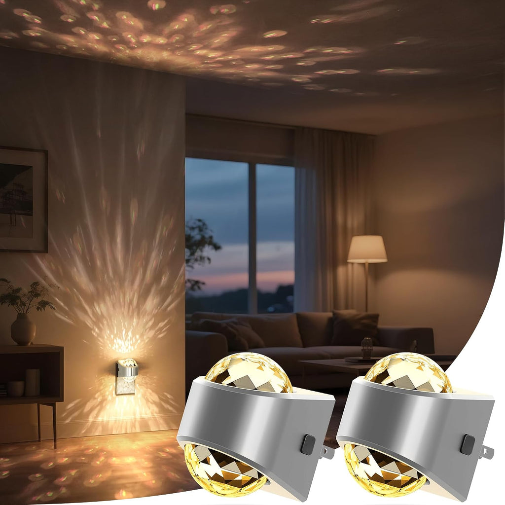 Plug in projector night light casting a soft white glow across a dark bedroom wall