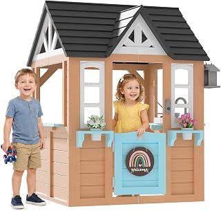Wooden Outdoor Playhouse with Play Kitchen and Flower Boxes