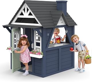 Fir Wood Outdoor Playhouse with Play Kitchen, Doorbell and Chalkboard - Blue