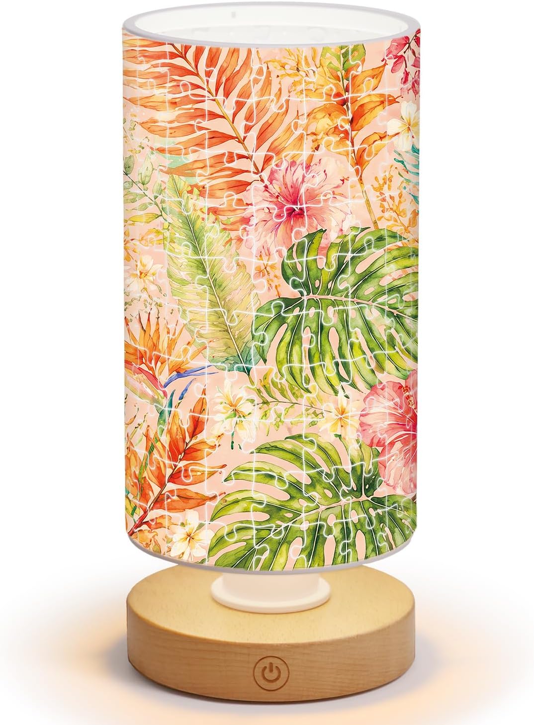 DIY acrylic puzzle lamp night light glowing on a bedside table with a printed floral scene