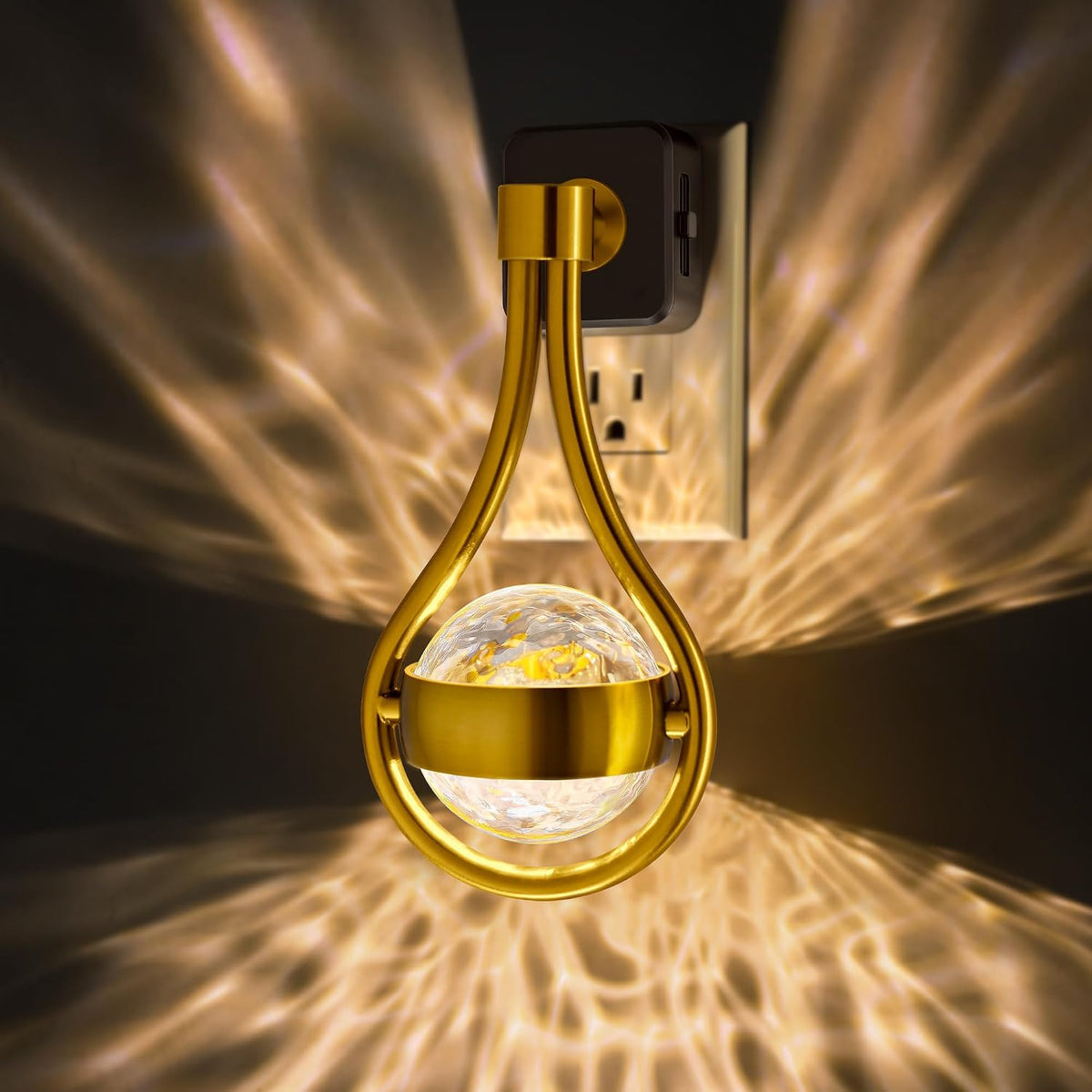 Plug in projector night light casting a soft white glow across a dark bedroom wall