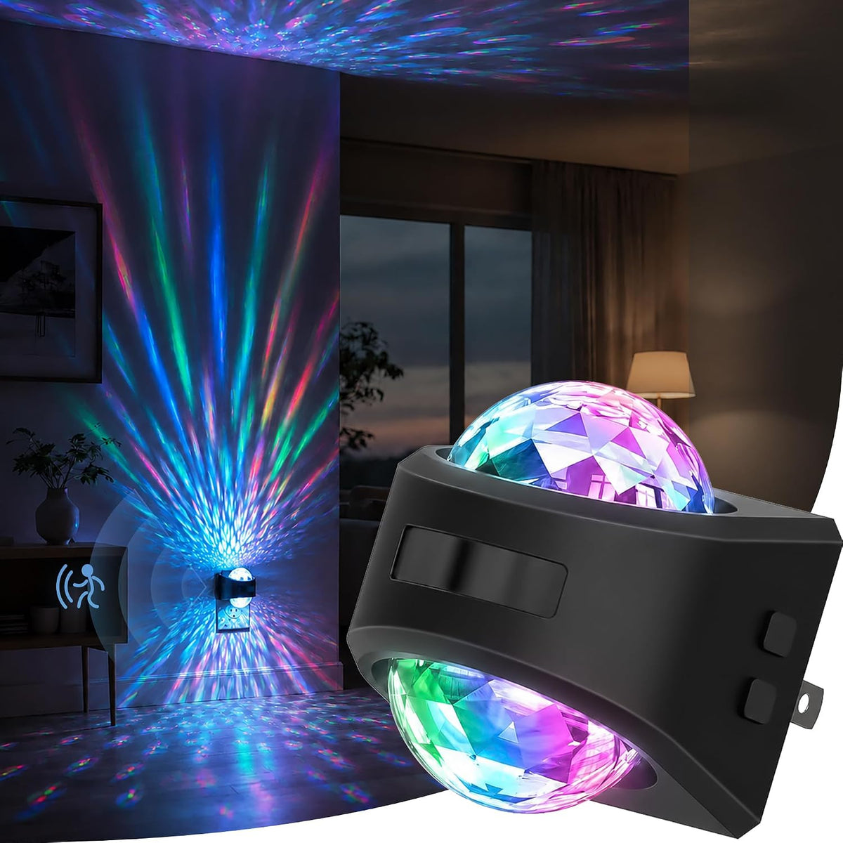 Plug in projector night light casting a soft white glow across a dark bedroom wall