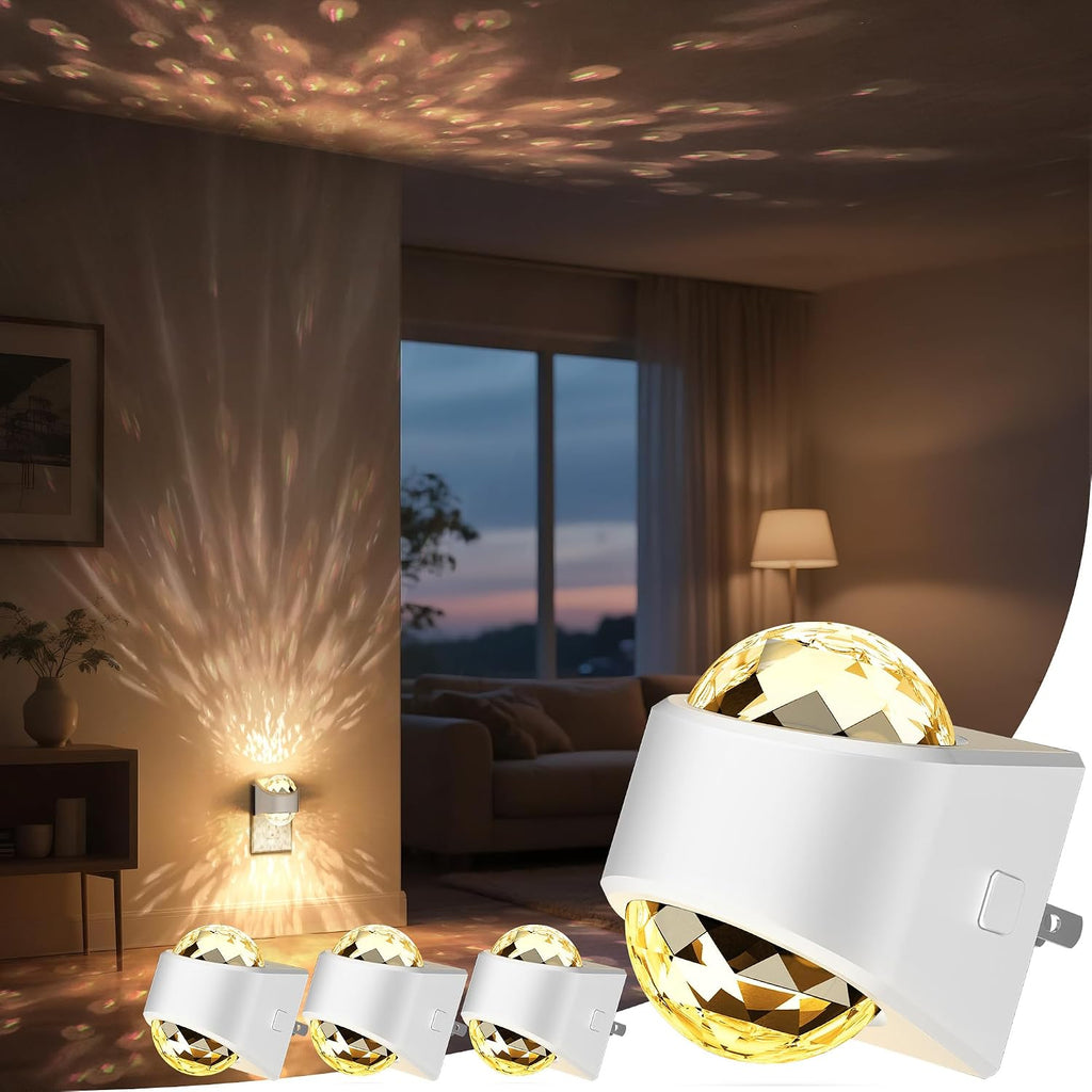 Plug in projector night light casting a soft white glow across a dark bedroom wall