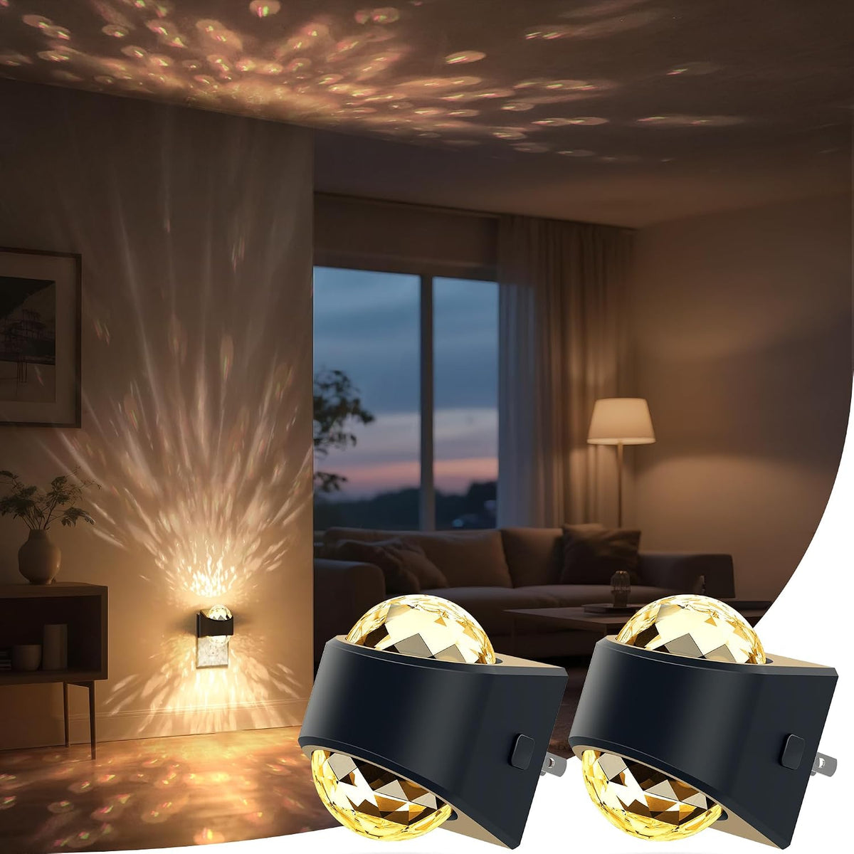 Plug in projector night light casting a soft white glow across a dark bedroom wall