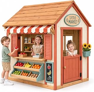 Cedar Wooden Outdoor Playhouse with Play Kitchen, Chalkboard and Flower Boxes - Brick Red