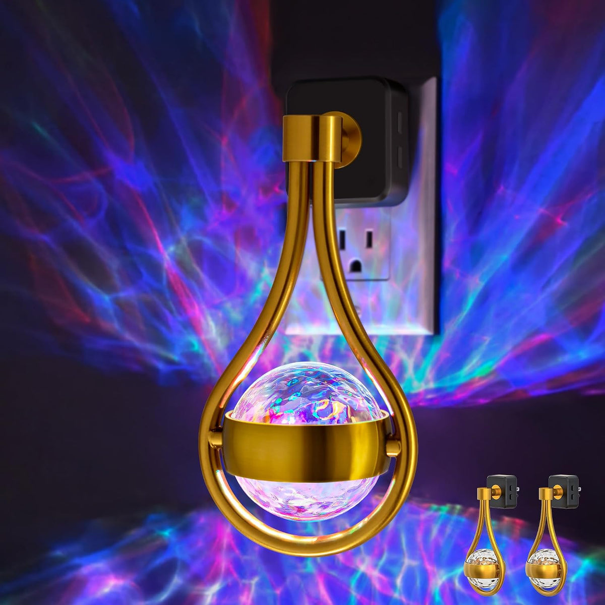 Plug in projector night light casting a soft white glow across a dark bedroom wall