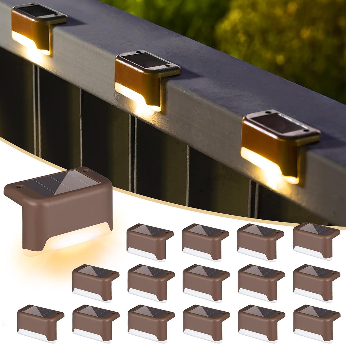 Solar deck lights mounted on outdoor stair risers glowing warm white at night