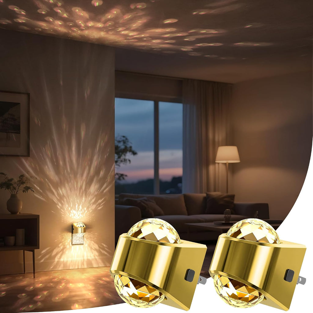 Plug in projector night light casting a soft white glow across a dark bedroom wall