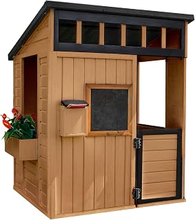 Cedar Wooden Outdoor Playhouse with Play Kitchen, Chalkboard and Half Door
