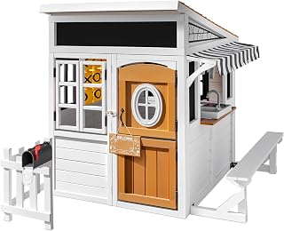 Cedar Wooden Outdoor Playhouse with Play Kitchen, Doorbell and Chalkboard