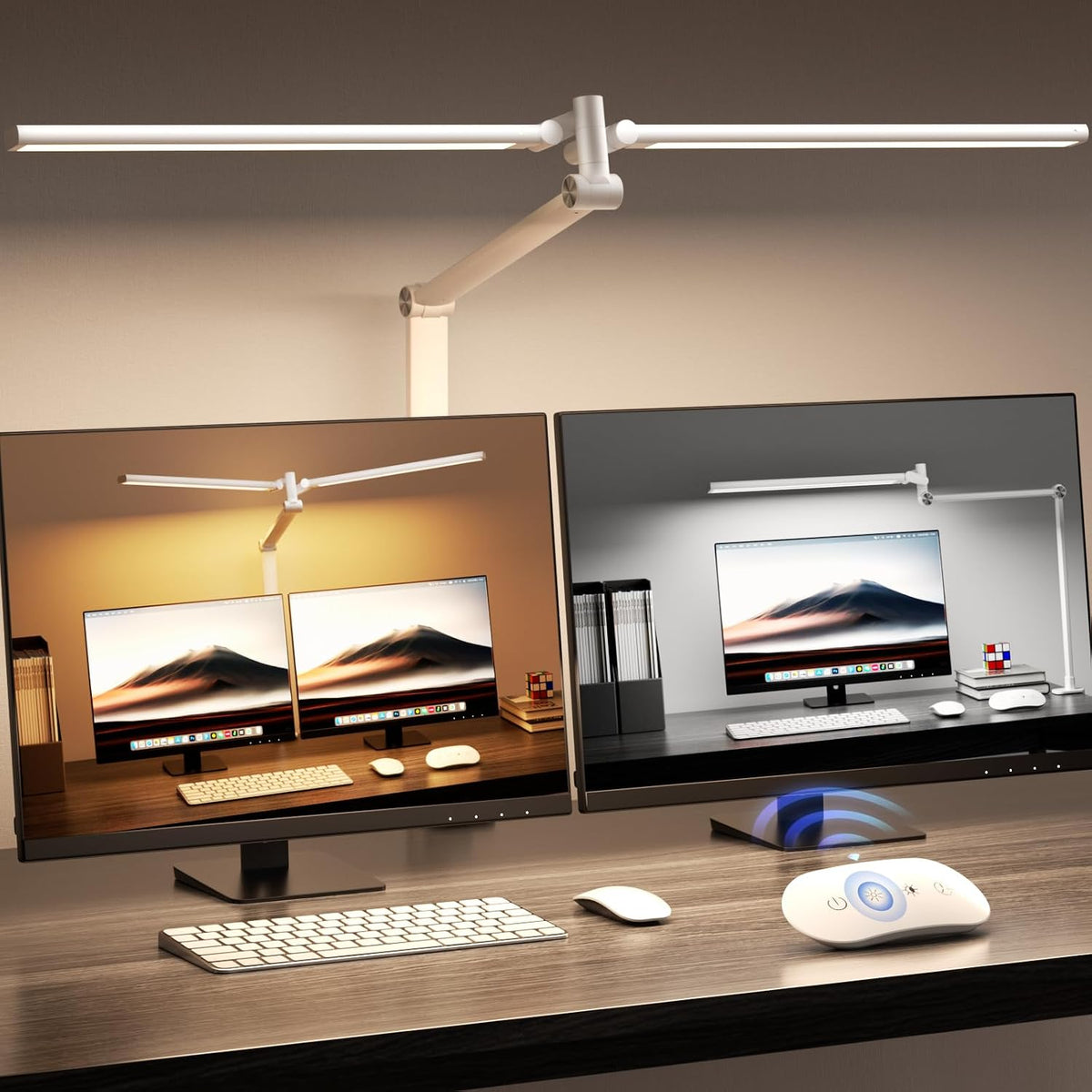 Clamp-on LED desk lamp with gooseneck arm lighting a keyboard in a home office