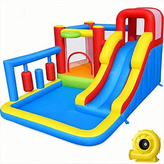 Inflatable Bounce House with Slide, Climbing Wall and Ball Pit - Blue