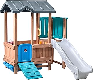 Wooden Outdoor Playhouse with Slide, Swing and Storage