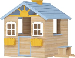 Wooden Playhouse with Flower Boxes, Bench and Windows - Deep Blue