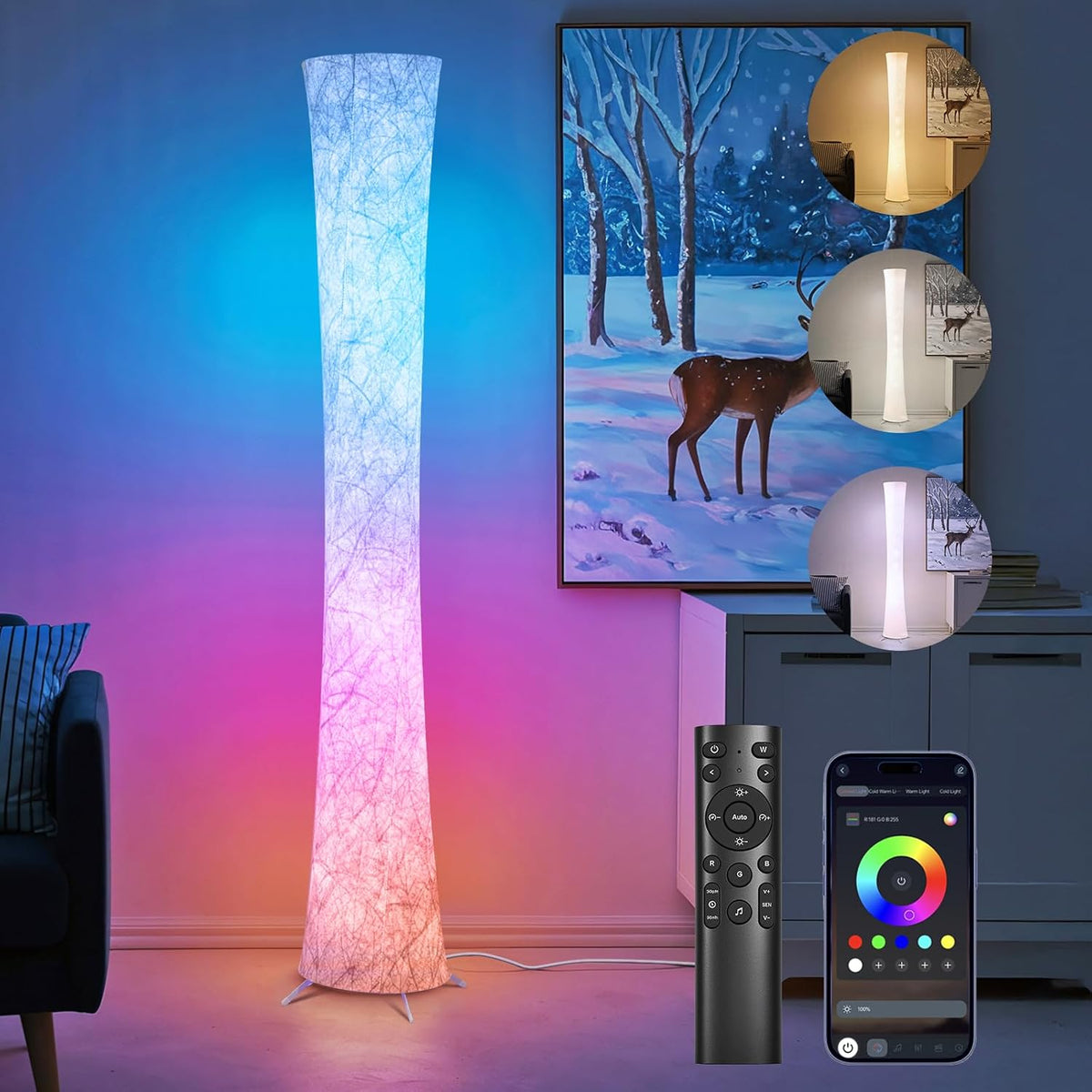 RGB corner floor lamp with hourglass shade glowing purple in a gaming room corner