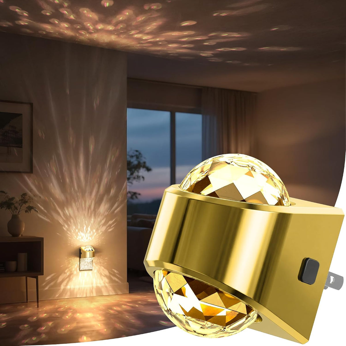 Plug in projector night light casting a soft white glow across a dark bedroom wall