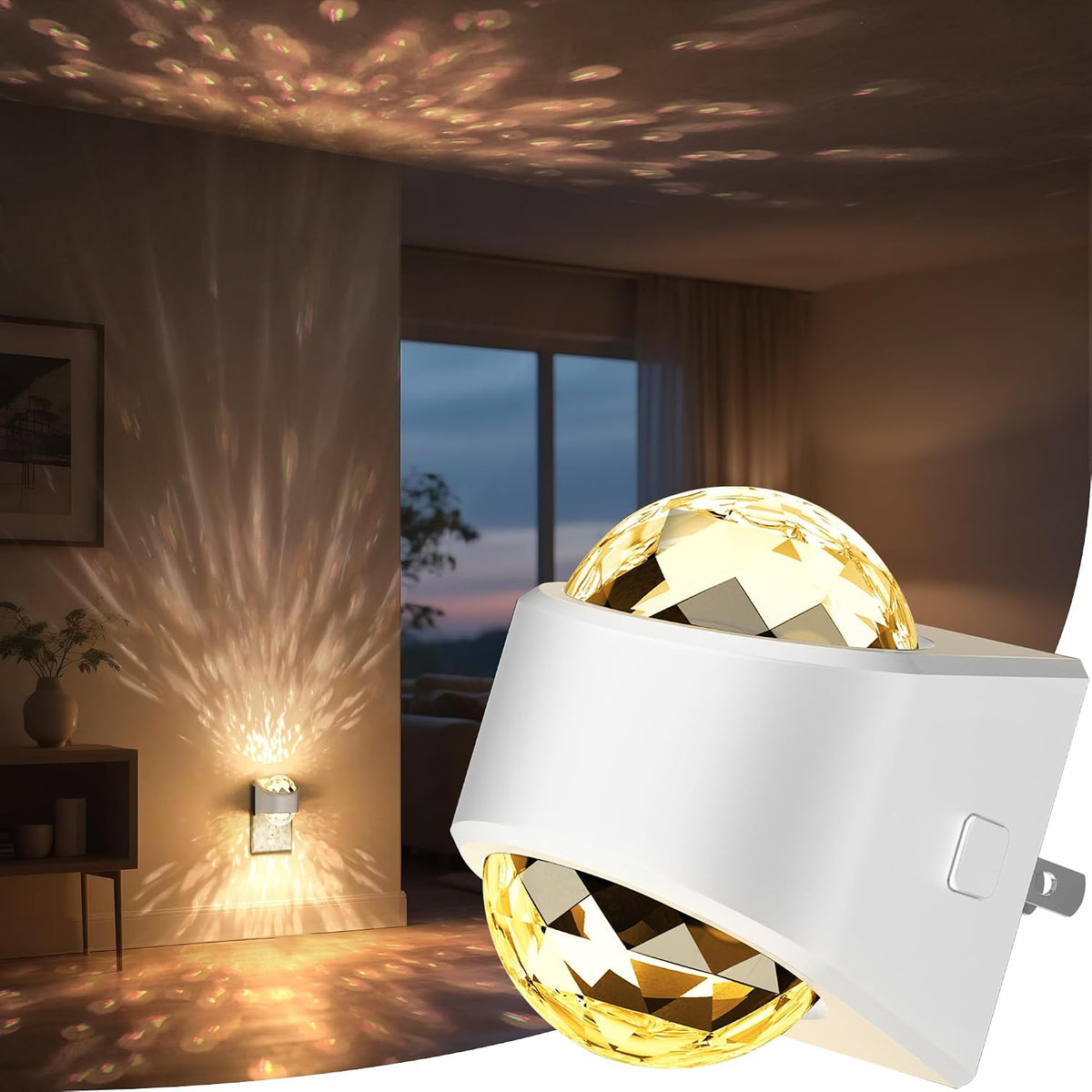 Plug in projector night light casting a soft white glow across a dark bedroom wall