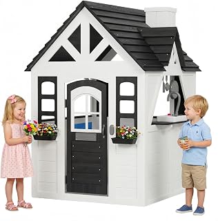 Wooden Outdoor Playhouse with Play Kitchen and Doorbell
